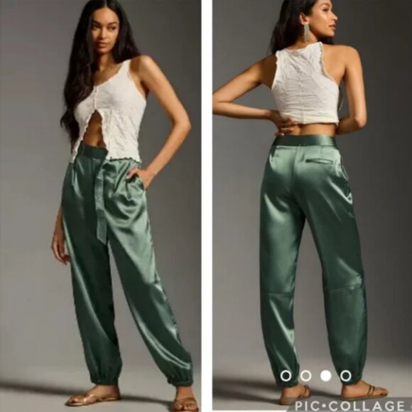 Anthropologie Maeve Parachute Satin High Rise Holiday Green Jogger Pants Size 2 - Picture 1 of 8